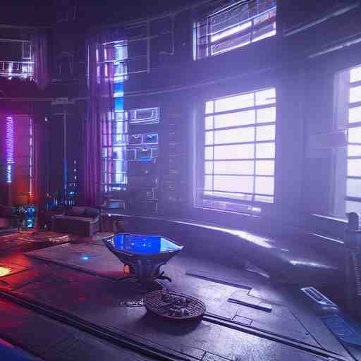 A photograph of interior of cyberpunk mansion set in a cyberpunk utopia. Highly detailed, 8k wallpaper, HDR, concept art, unreal engine 5, 4k, 8k, ray tracing, bloom, lens flare