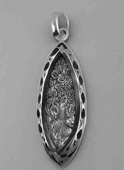 Amulet Of Wave inlaid in silver on a young beautiful woman neck, realistic, clean,