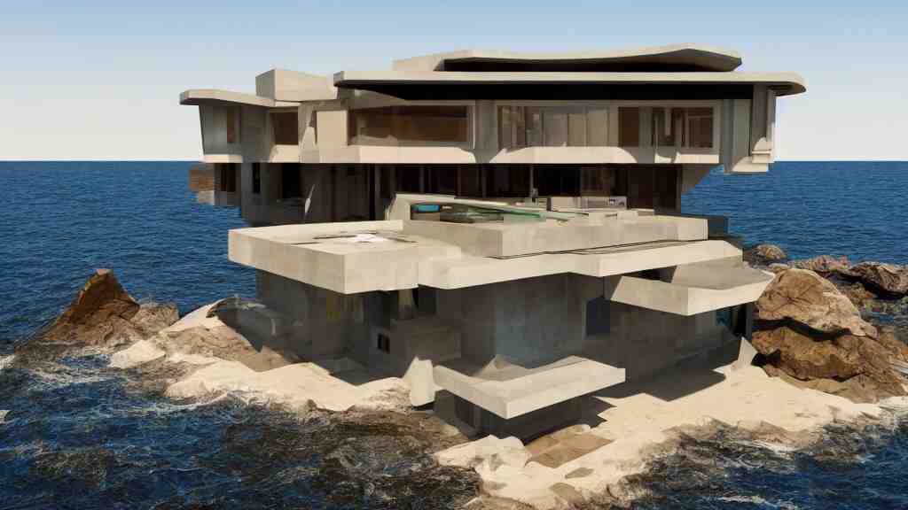 modern concrete house built in the ocean, futuristic accents, golden hour, 4 k, built by frank lloyd wright, concept art 