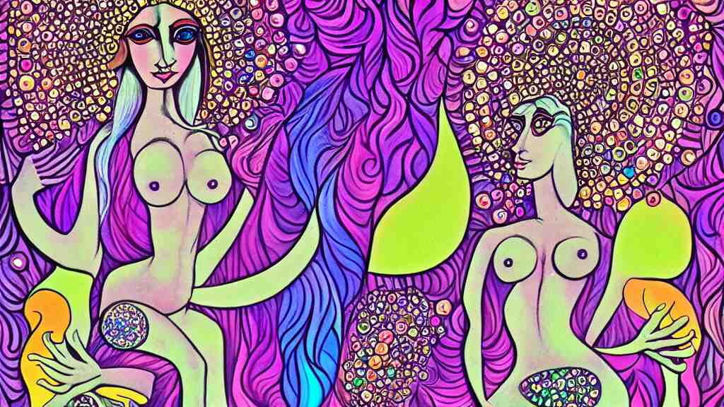 mushroom goddess, dripping crystals, full body dynamic pose, attractive form, psychedelic dmt deity, picasso, pin up girl, visionary art, fully colored and rendered 