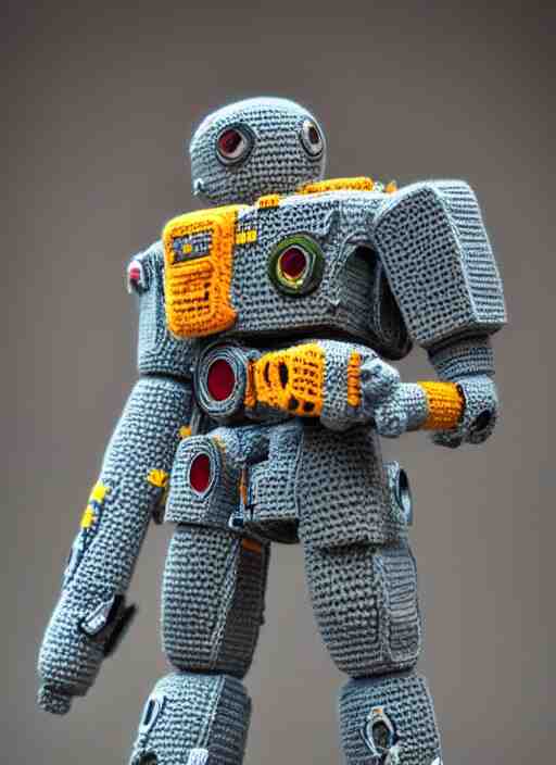 a crochet mecha, realistic, intricate, many details, no cropping, full body, Sigma 50 mm f/1.4