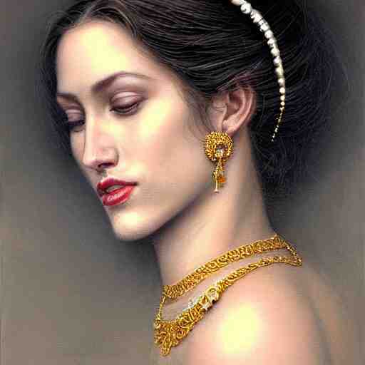 Facial portrait of a gorgeous girl, looking away from the camera, seductive smile, heavy gold jewellery, gold and pearl necklaces, elegant revealing intricate dress, sparkle in eyes, lips slightly parted, long flowing hair, no hands visible, delicate, teasing, arrogant, defiant, bored, mysterious, intricate, extremely detailed painting by Mark Brooks (and by Greg Rutkowski), visible brushstrokes, thick paint visible, no light reflecting off paint, vibrant colors, studio lighting