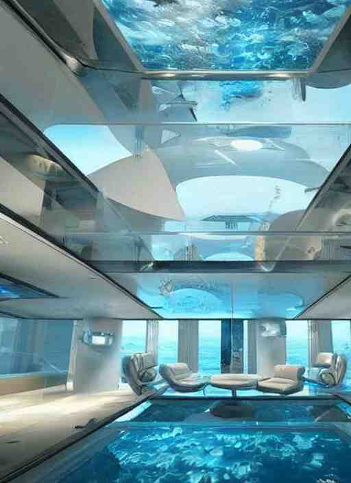 a futuristic sci - fi underwater home with mirrored walls, dreamatic lighting 