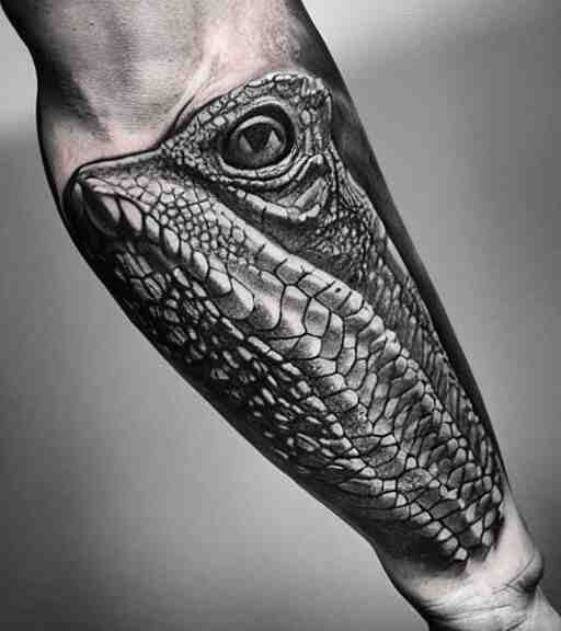 A realistic tattoo design of a giant lizard in the desert on white paper, realism tattoo design, highly detailed tattoo, shaded tattoo, hyper realistic tattoo