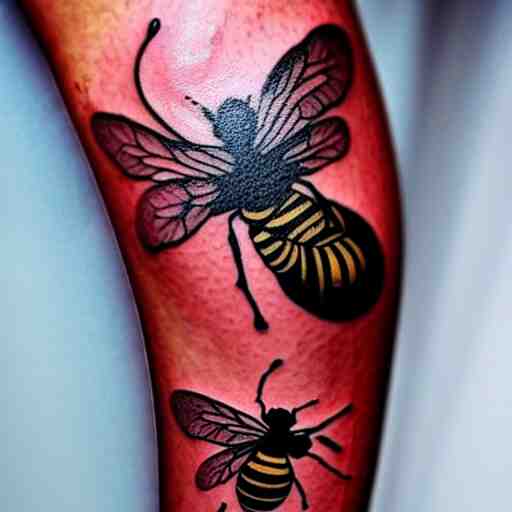 detailed tattoos in the style of bee movie on a female leg, crimson - black color scheme, wearing miniskirt, cinematic seductive lighting, beautiful composition 