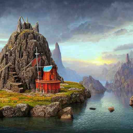 a beautiful and highly detailed matte painting of a colorful yet humble viking temple and fort built of large stones in the distance high in the most epic mountains ever, intricate details, epic scale, insanely complex, 8 k, sharp focus, hyperrealism, very realistic, by caspar friedrich, greg rutowski, james gurney, hudson river school 