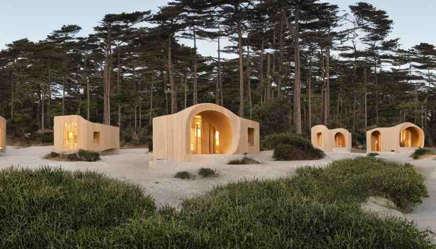 An architectural rending of an eco-community neighborhood of innovative contemporary 3D printed sea ranch style cabins with rounded corners and angles, beveled edges, made of cement and concrete, organic architecture, on the California coastline with side walks, parks and public space , Designed by Gucci and Wes Anderson, golden hour