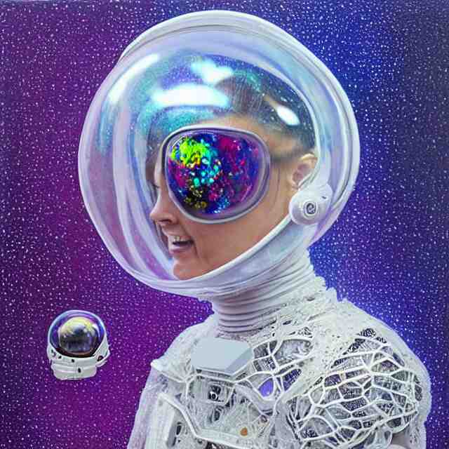 realistic extremely detailed  photo style  painting of a bifurcated astronaut eva suit covered in  diamond 3d fractal lace iridescent bubble 3d skin +, camera appendage stalks+helmet clear brain case see through ,in a jumping float pose inside of a futuristic space station blobby holograpic shrink wrap bubble,
,opal ruby diamond iridescent fractal lace bubble materials,alternate reality ceramic age,
monolithic retro futuristic ,water , by style hybrid mix of beeple+Anton Pieck+Jean Delville+ Amano,Yves Tanguy+ Alphonse Mucha+ Ernst Haeckel+ Edward Robert Hughes+Stanisław Szukalski covered with compound eye camera lenses,neutron,
rich moody colors,diamond dust glitter and sparkles, granular detail,holographic krypton ion,blue eyes,octane render,4k,
f32,55mm photography,wide angle ,jumping float Pose,full shot,  