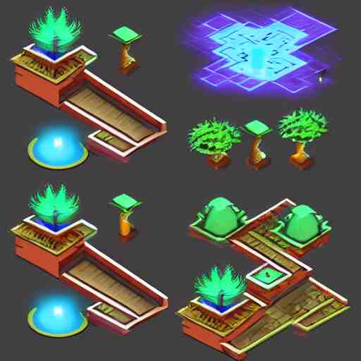 concept art 2 d game asset of various stair blocks with organic isometric design, bioluminescent alien - like plants inspired by the avatar's bioluminescent alien nature. around the stairs, we can see plants glowing in the dark. isometric perspective, item is in a black background colorful neons cyan, orange red, painterly cartoonish octane render masterpiece 