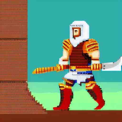 warrior wearing heavy plate armor and holding a giant sword, pixel art, vibrant colors, 