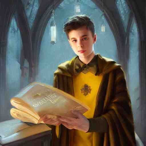 an oil painting of a portrait of a handsome hogwarts boy in hufflepuff holding glowing magic books, fairy tale, dreamy light, by wlop, greg rutkowski, thomas kinkade, super detailed, 3 d, hdr on, 4 k wallpaper 