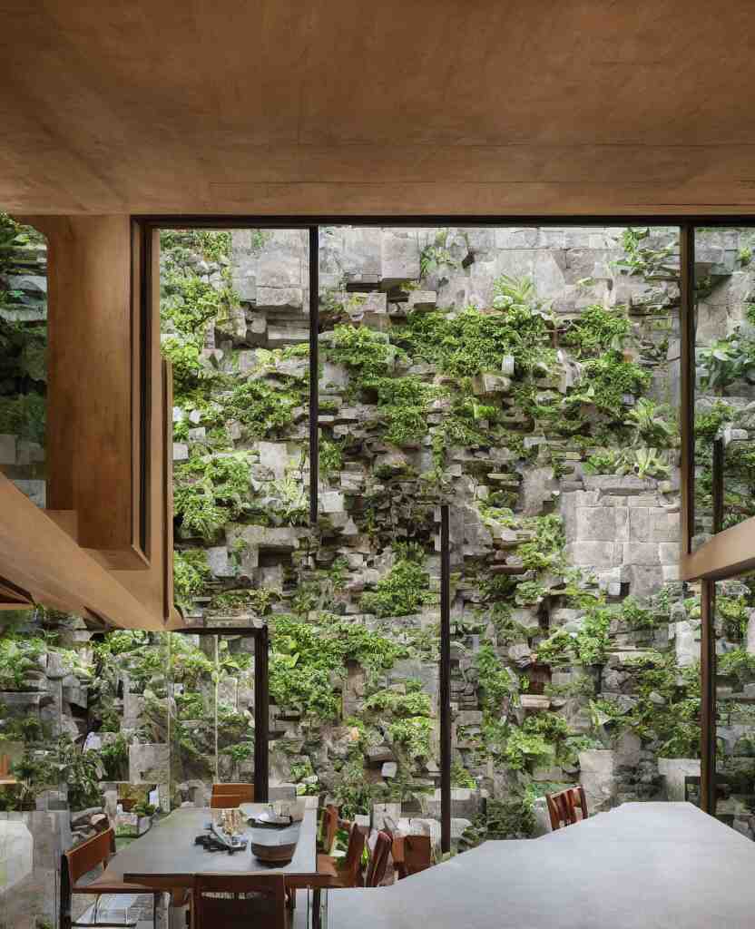 a stunning interior of a split - level villa with a swimming pool, intricately stacked and iteratively interlocked stone blocks in the style of ennis house, extremely coherent, fusion of frank lloyd wright and carlo scarpa, people are sitting at a table eating dinner, plants and moss and ivy growing on the stones, indoor picture, long shot, architectural photography 