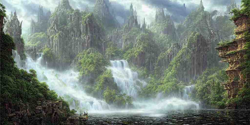 Fantastical open landscape by Ted Nasmith, elven city, pools of magical water, digital painting, concept art, landscape