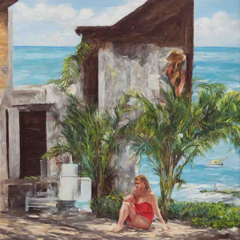 a beautiful woman with freckles sitting on the porch of a one-story house in the caribbean watching the sea, realistic, oil on canvas