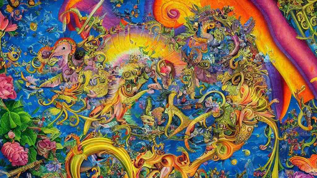 an incredibly detailed masterpiece collaborative painting by bosch and lisa frank, ornate, detailed, high resolution, wow!, intricate