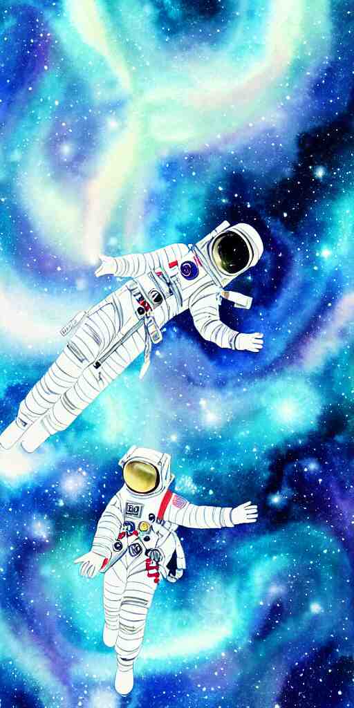 oriental water color of a female astronaut, floating through the void of space, stars are spread out, anime movie, highly detailed 