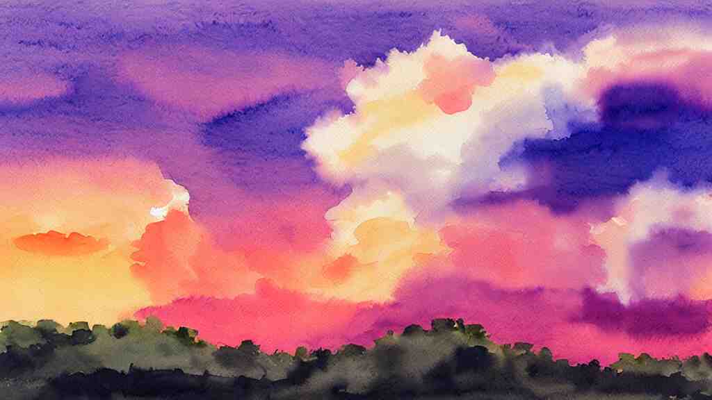 watercolor of a big cumulonimbus cloud on a pink sunset 