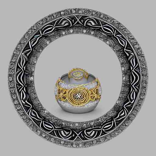 intricate!! nordic ring and necklace and ear, silver and gold and diamond, isolated on a white background and a flower in the background, refraction, occlusion, filigree, lower and upper levels, keyshot render, octane render, vray render 