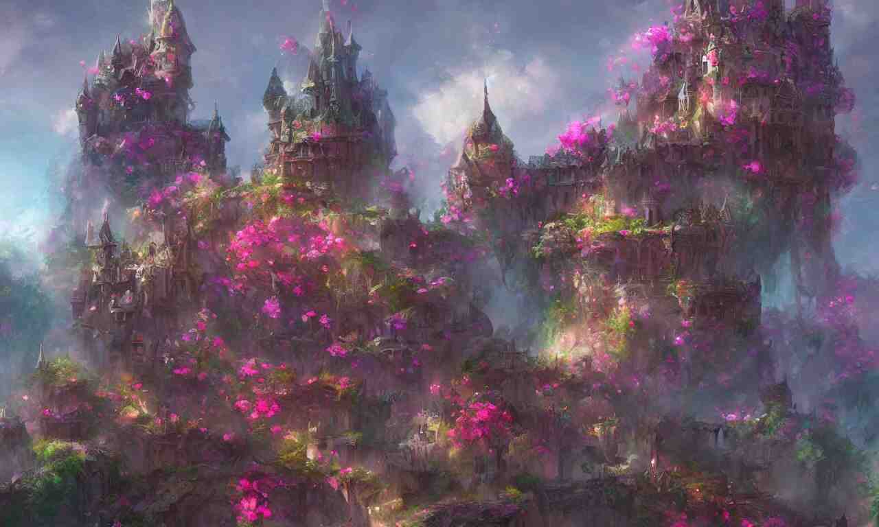 concept art of the colorful rose castle, spectacular, magnificent, fantasy, artstation, render by blender, by krenz cushart 