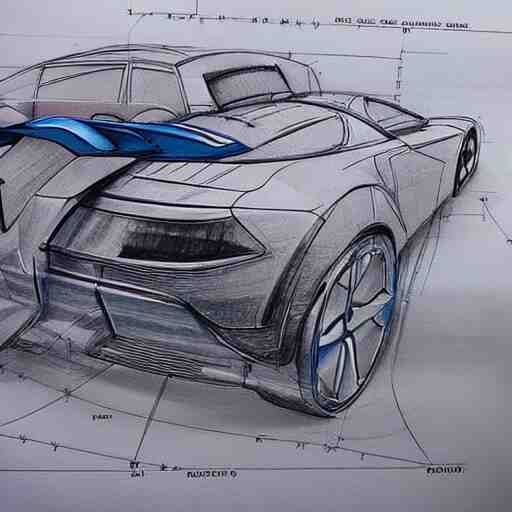 Drawing, Blueprints for a car, science fiction, technical, high quality, engineering