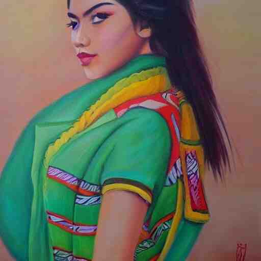 a beautiful oil painting of cute girl wearing modern stylish costume in the style of Assamese bihu mekhela sador gamosa design, commercial fashion design art concept