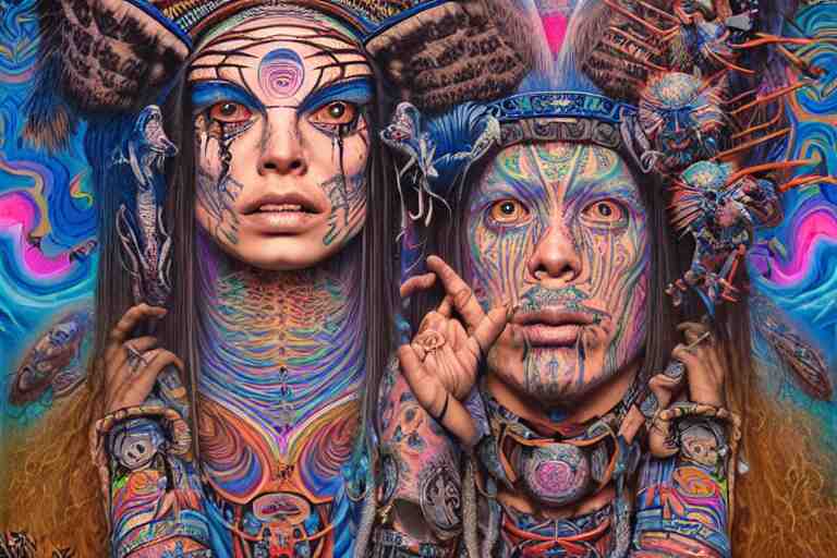 psychedelic shaman, blue and pink, wearing shipibo tattoos, inside an epic, ancient temple, ayami kojima, greg hildebrandt, mark ryden, hauntingly surreal, eerie vibrating color palette of charlie immer, highly detailed painting by, jenny saville, soft light 4 k 