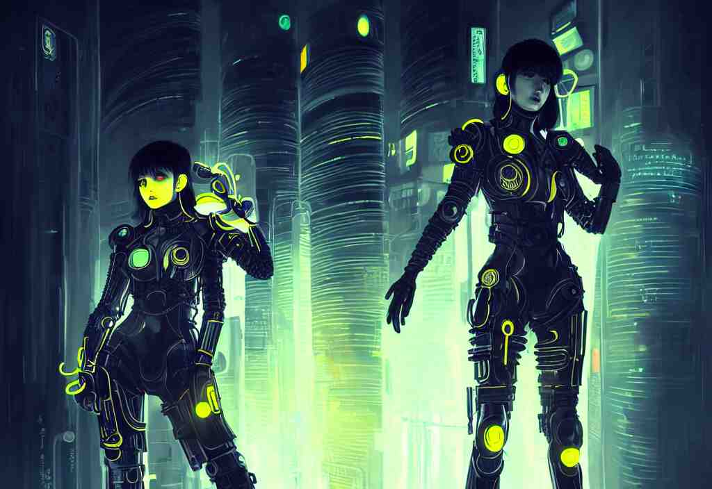 futuristic armor dark grey hair ploice girl, metallic black and yellow color wardrobe, in cyberpunk lights shibuya japan reflected night, ssci - fi, neon light and fantasy, intricate and beautiful, highly detailed, concept art, smooth and sharp focus, illustration, art by tian zi and wlop and alphonse mucha 