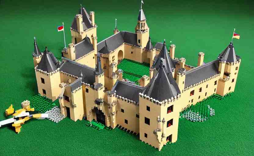 a realistic detailed accurate Lego set of a medieval French castle on a forested green hill