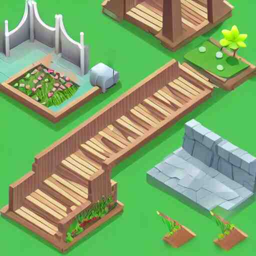 3 d mobile game prop pack is an isometric stairs but with an organic natural design that is based on different grass items - like plants with grass all inspired artstation stylized nature. around the stair, we can see flowers, grass, bushes. all in isometric perspective and semi - realistic style white background 