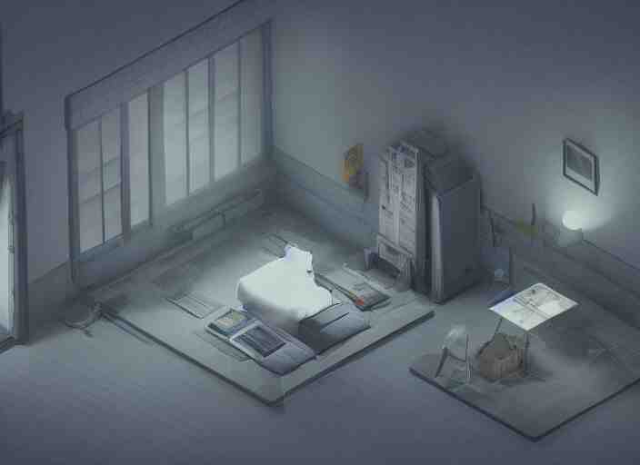 isometric view of a dimly lit room, a 3 d render by paul kelpe, cgsociety contest winner, volumetric lighting, cinematic lighting, isometric 