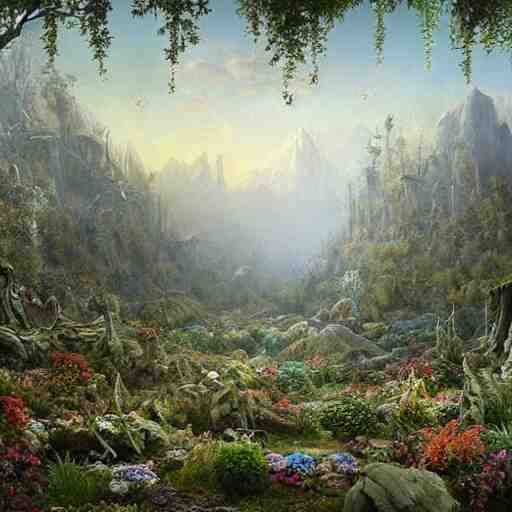 a beautiful and highly detailed matte painting of a dead fantasy floral garden in a empty forest in the dry valley high in the most epic mountains ever, intricate details, epic scale, insanely complex, 8 k, sharp focus, hyperrealism, very realistic, by caspar friedrich, greg rutowski, james gurney 