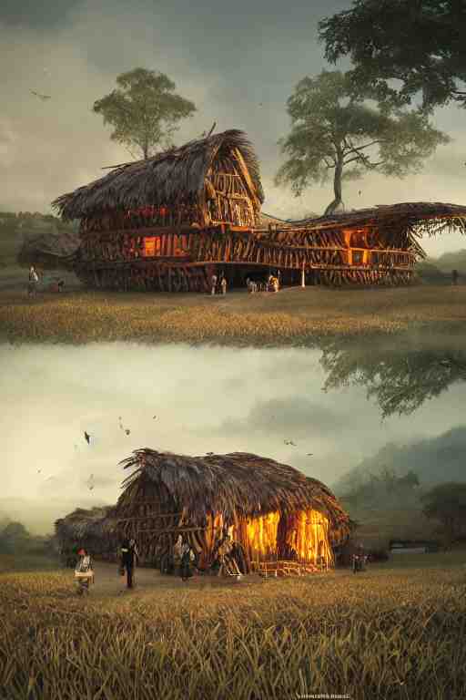 an awesome twilight day concept art of giant hen mixed with old hut, by kengo kuma and wes anderson with village, mixed development, cgsociety, fantastic realism, artstation hq 