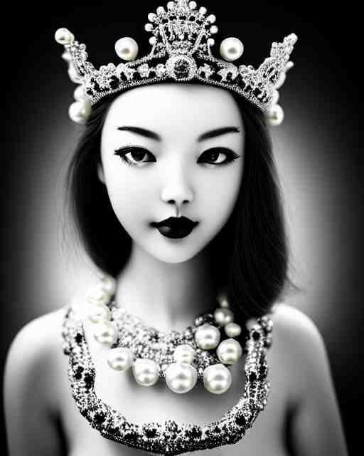 black and white dreamy young beautiful crowned female artificial intelligence, crown is full of flowers and pearls, realistic pearl ornament in the face, long hair are intricate with highly detailed realistic pearls, cinematic, rim light, bokeh, photo - realistic, elegant, high detail, 8 k, masterpiece, photo taken in 1 9 3 0 