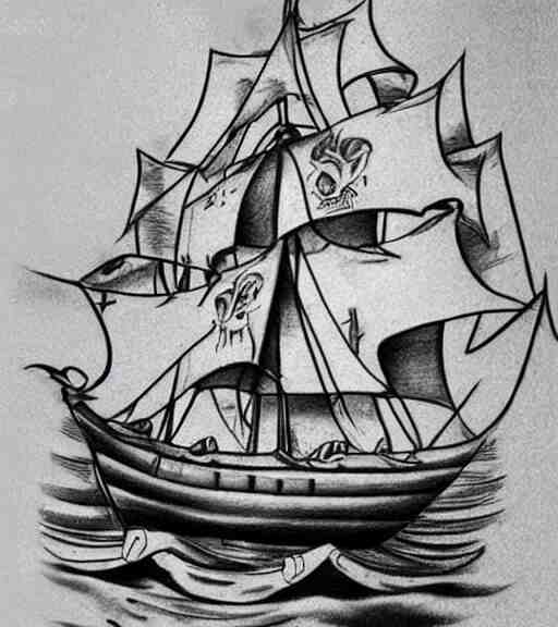 A realistic tattoo design sketch of a pirate ship, paper background, black and white tattoo, highly detailed tattoo, shaded tattoo, hyper-realistic tattoo