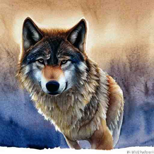 wide portrait of a wolf in a beautiful natural scene. heath, sand dune, dry grass and trees. beautiful light, dramatic clouds. soft colour scheme. beautiful artistic detailed watercolor illustration by lurid ( 2 0 2 2 ). 