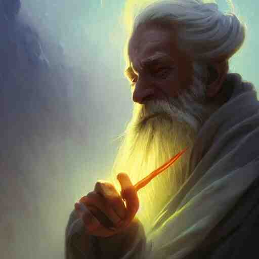 cinematic shot epic portrait an wizard with gray hair and long beard casting a spell with a magic wand, glowing, magic, broad light, ambient occlusion, volumetric light effect, made by ivan aivazovsky, peter mohrbacher, greg rutkowski, matte painting, trending on artstation, 4 k, perfectly defined features, digital painting, cinematic, epic, highly detailed, 