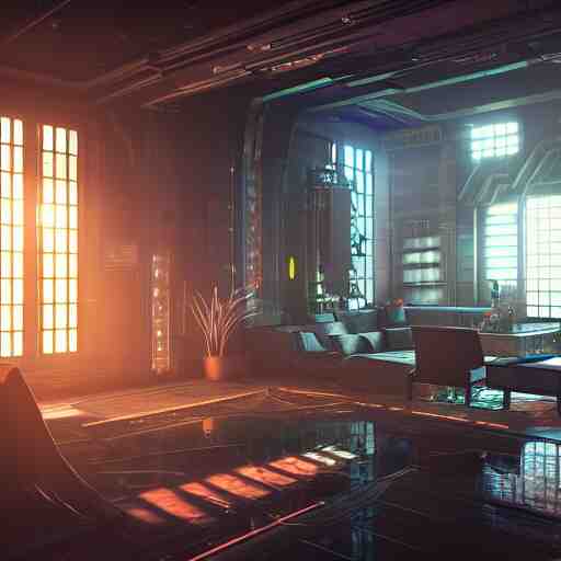 A photograph of interior of cyberpunk mansion set in a cyberpunk utopia. Highly detailed, 8k wallpaper, HDR, concept art, unreal engine 5, 4k, 8k, ray tracing, bloom, lens flare