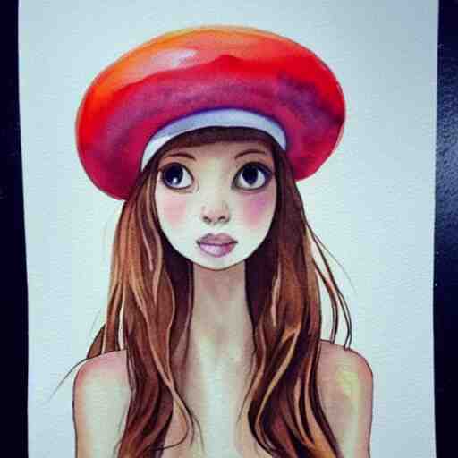 Portrait of a thin girl in full height, elegant pose, a huge toadstool hat on her head, large eyes without a pupil artstation, watercolor, highly detailed,