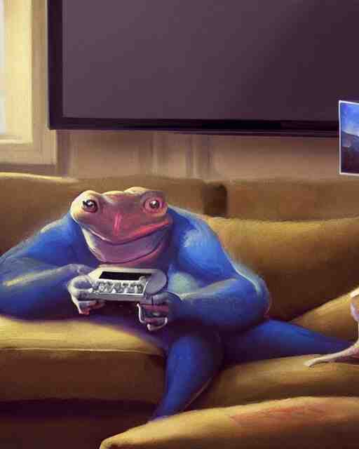 hyper realistic oil painting of toad watching a tv movie on the couch, back camera shot, vibrant colors, high contrast, by greg rutkowski, trending on artstation, caricaturist 