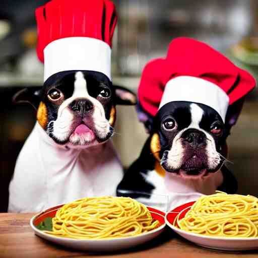 a 8k highly detailed still photo by David Bailey of Two multi-colored French Bulldogs in chef hats and aprons starring on a cooking show, a plate of spaghetti is prepared, a high end restaurant kitchen in the background, bokeh