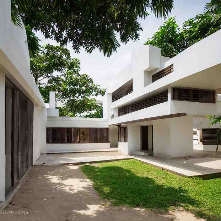 wide angle exterior shot of an modernist town house on a quiet street in lagos, tropical african architecture with sun shading and pergolas, contemporary architecture, cosmopolitan design, architectural magazine feature, architectural photography, canon eos r 3, telephoto lens, sigma 5 0 0 mm f / 5, iso 2 0 0, 1 / 1 6 0 s, 8 k, raw, unedited, in - frame 