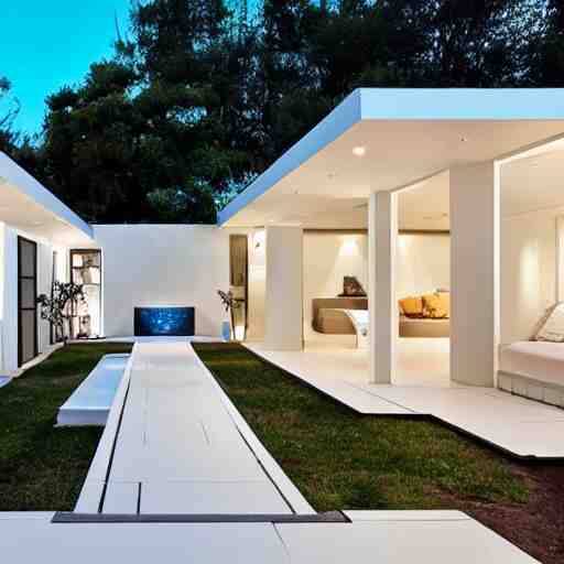 luxury elongated small backyard, all white, modern hut at the back, ceramic floor, small pool 