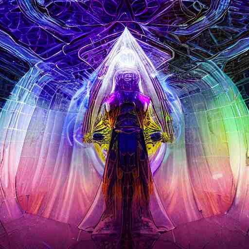 A space wizard stand in front of giant, glowing crystal sits in the center of a dark room, Strange symbols line the walls, and a soft light glows from somewhere deep within the room, highly detailed, digital photo, HDRI, by christopher bretz and kael ngu, vivid colors, high contrast, 8k resolution, intricate, photorealistic, smooth, psychedelic color scheme, concept art, award winning, cg society contest winner