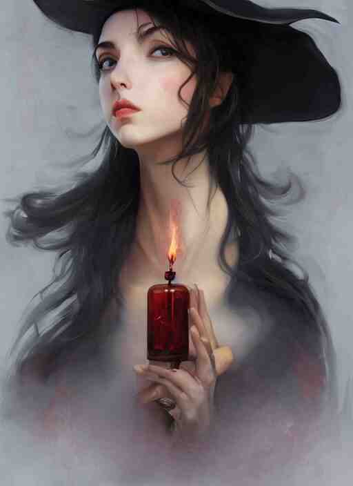 character concept portrait of anna de armas as a witch with a big black pointy hat casting a spell, a floating burning love potion in the center, intricate, elegant, digital painting, concept art, smooth, sharp focus, illustration, from Metal Gear, by Ruan Jia and Mandy Jurgens and William-Adolphe Bouguereau, Artgerm