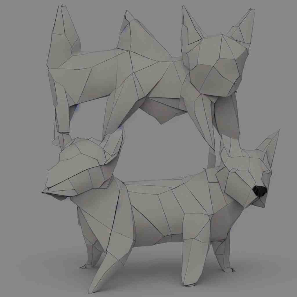 3 d rendering of japanese paper origami of simplified shape of german shepherd, 2 d image 