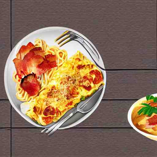 a bowl of spaghetti an omlette and a slice of bacon sitting on a bench, trending on artstation, vector 