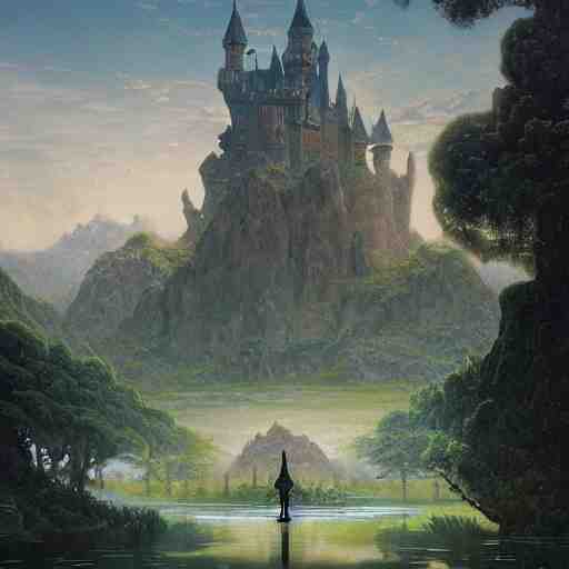 beautiful matte art of a big castle in a serene landscape, a knight riding a dragon, by albert bierstadt, green grass, highly detailed, crystal lighting, mystical, forest, hyperrealistic, 4 k, unreal engine, magical, by joe fenton, by greg rutkowski, by greg tocchini, by kaws, by kate beaton, by kaethe butcher 