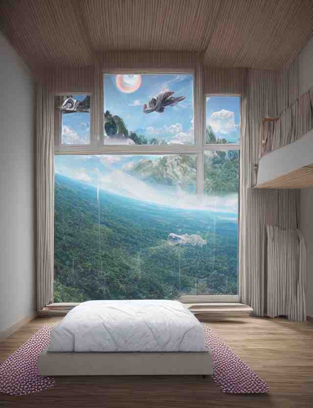 an ultra wide angle photo of a bed hovering above the floor in the middle of a giant tesselating bedroom with windows opening to other worlds by casey weldon!!!! and lee madgewick and m. c. escher, photorealistic, octane render, recursive!!!!, flowing, cascading, multiverse!!!!!!, labyrinthine 