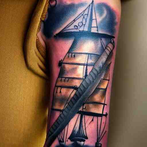 A magical pirate ship tattoo design on white background, hyper realistic shaded tattoo, award winning tattoo