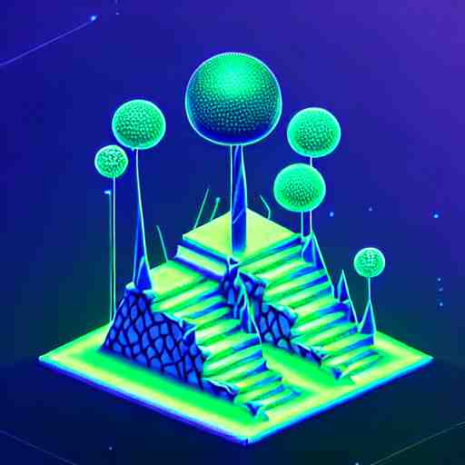 mobile game asset, isometric staircase, crystals, organic low poly vector design, bioluminescent alien - like plants of pandora, aesthetic of avatar's alien nature. we can see alien plants glowing in the dark arround the isometric itens in dark place cyan, orange smooth glow night photoshop filter low poly behance hd 